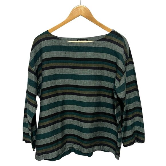 Eileen Fisher Stripe Linen Top Green Size S Pullover Style 3/4 Sleeves - Picture 2 of 7